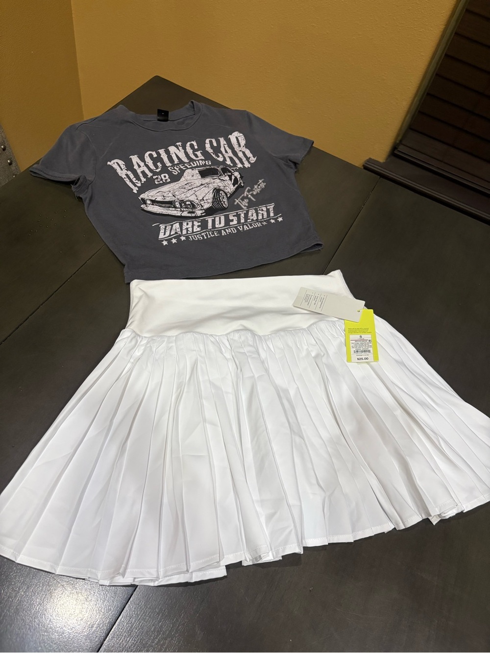 White athletic skirt with SHEIN crop top.